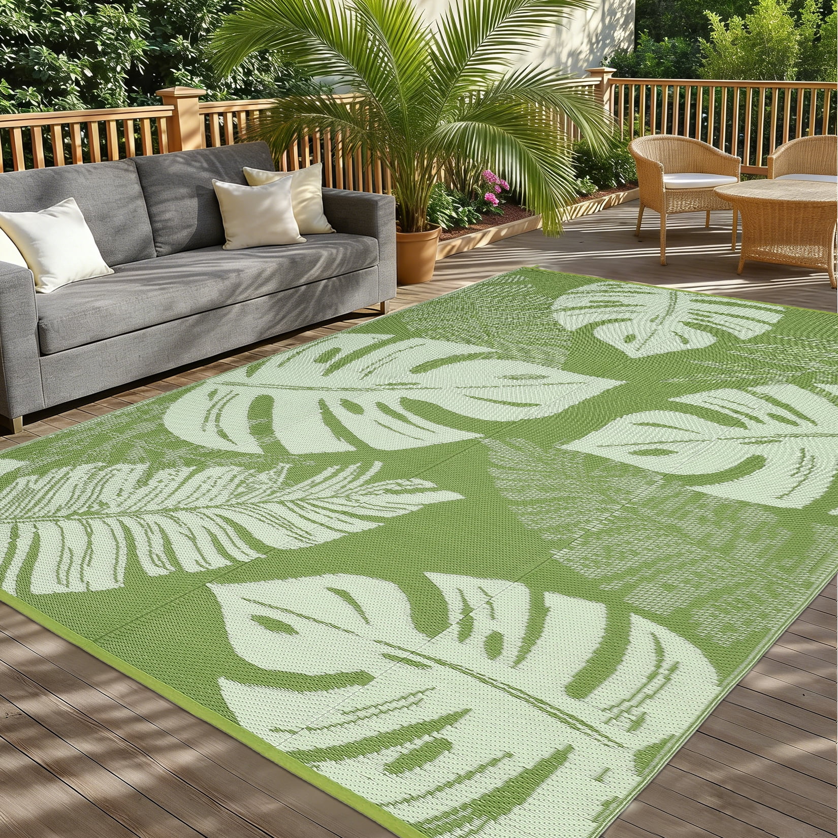 COZONY 8x10 Outdoor Rug, Reversible Waterproof Plastic Straw Patio Rug with Palm Leaf Pattern, Indoor Outdoor RV Mat for Patio Deck Balcony Camping