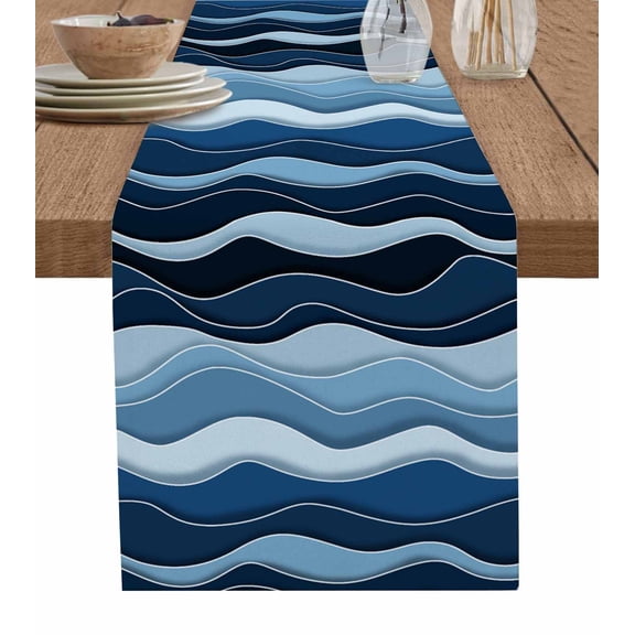 Abstract Blue Moire Table Runner Cotton Linen 90 Inch Holiday Dresser Scarves, Gradient Coastal Ocean Geometric Waves Tablerunner for Kitchen Coffee Dining Bedroom Dinner Scarf Décor 13''x90''