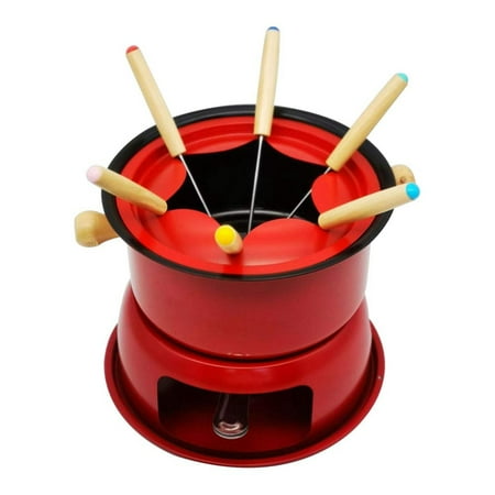 

Red Mini Stainless Steel Pot Set Cheese Chocolate 6 Dipping Forks and Removable Pot Melts Candy Sauce Dip
