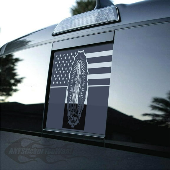 AnyStickerYouWant - Mexican American Flag Our Lady of Guadalupe Vinyl Decal Rear Sliding Window Sticker Fits Any Truck or Vehicle 11" X 14.875" Measure Your Window Before Ordering
