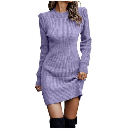 Olyvenn Womens Tunic Hip Wrap Knitted Sweater Bodycon Dress Fashion Classic Solid House Dress Mock Neck Ruched Warm Slim Fit Casual Flowy Smocked Raglan Cap Long Sleeve Prom Dress Purple 18