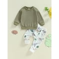 thumbnail image 5 of Yunliwuli Toddler Boy Fall Outfits Waffle Long Sleeve Round Neck Sweatshirt and Animal Pattern Pants 2 Pcs Set, 5 of 10