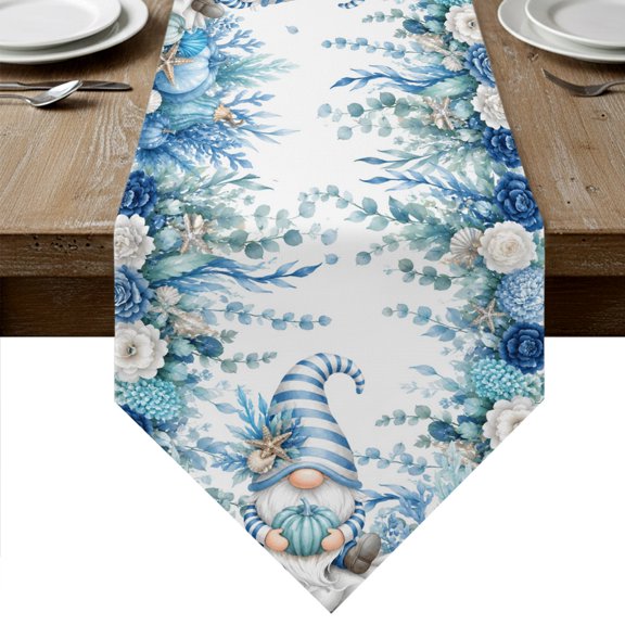 Fall Coastal Pumpkins Table Runner Linen Burlap Table Runner 72 Inches Long Autumn Teal Blue Gnoems Flower Leaf Dresser Scarves for Kitchen Island Coffee Dining Room Party Holiday Decoration 13"x72"