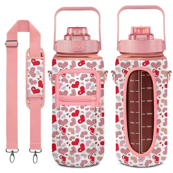 Valentine's Day Pink 64 Oz Half Gallon Water Bottle with Sleeve - BPA Free Leakproof Sport Large Plastic Water Bottle with Stra &Time Marker&Insulated Neoprene Holder Carrier Bag Gift for Women