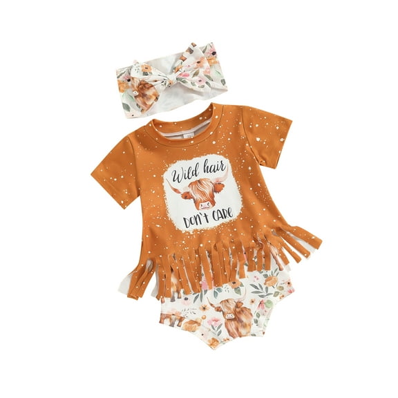 Suealasg Western Baby Girl Outfits Clothes Short Sleeve Cow Print Tassel Tops  Elastic Waist Shorts   Headband Set 3Pcs Infant Toddler Summer Clothing