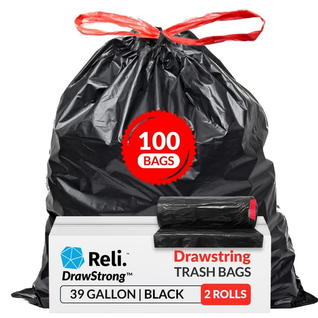 Bolsas de basura Reli. de 39 galones con cierre de cordón, 100 unidades, negras