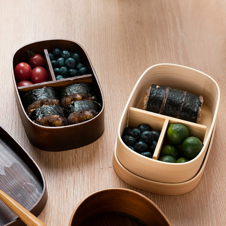 Wooden Lunch Box Japanese Bento Box Natural Food Carrier Oval Container  with 3 Grids for Salad Sushi Fruit Sandwich Office School 