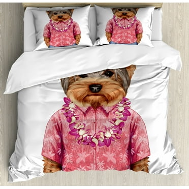 Yorkie King Size Duvet Cover Set, Portrait of a Dog in Humanoid Form with a Pink Shirt with Hawaian Lei Fun Image, Decorative 3 Piece Bedding Set with 2 Pillow Shams, Multicolor, by Ambesonne