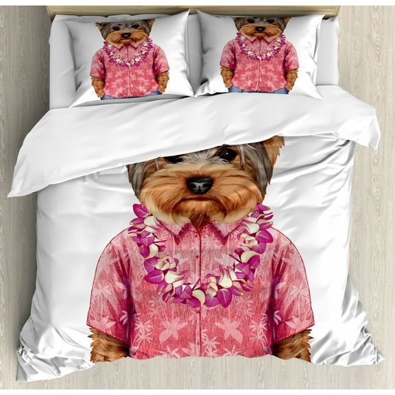 Yorkie Queen Size Duvet Cover Set, Portrait of a Dog in Humanoid Form with a Pink Shirt with Hawaian Lei Fun Image, Decorative 3 Piece Bedding Set with 2 Pillow Shams, Multicolor, by Ambesonne