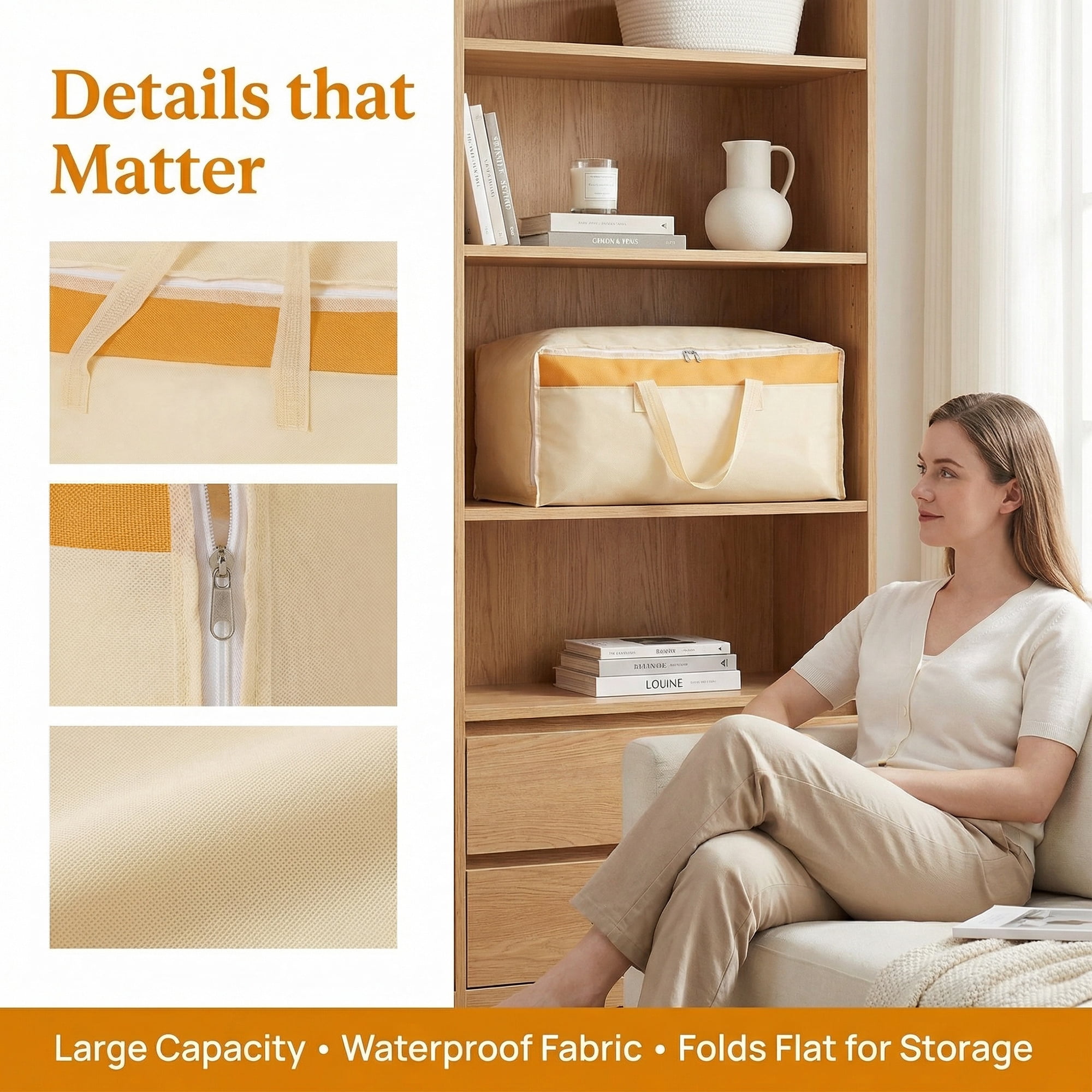 Unique Bargains Foldable Storage Bags for Taking in Clothes Beige 27.6"x19.7"x9.8"