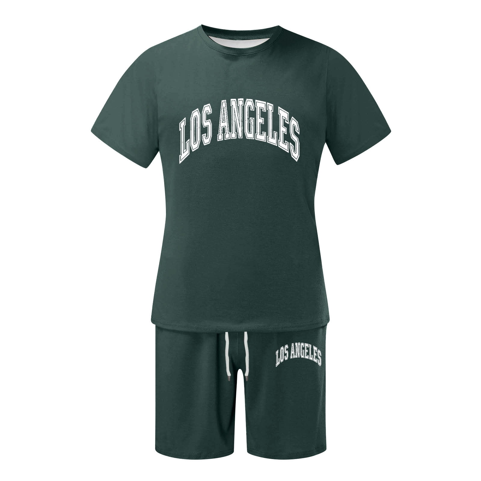 HOOMEUMY Men's Summer 2 Piece Outfits Short Sleeve Crew Neck T-Shirt Shorts Set Solid Color Sportswear Tracksuit Set Green XXL