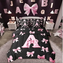 Castle Fairy Monogrammed Letter 7-Piece Twin Bedding Sets,Kawaii Bowknot Bedding Comforter Set,Dreamy Princess Breathable Sheet Sets,Breathable Cartoon Home Decor,Reversible
