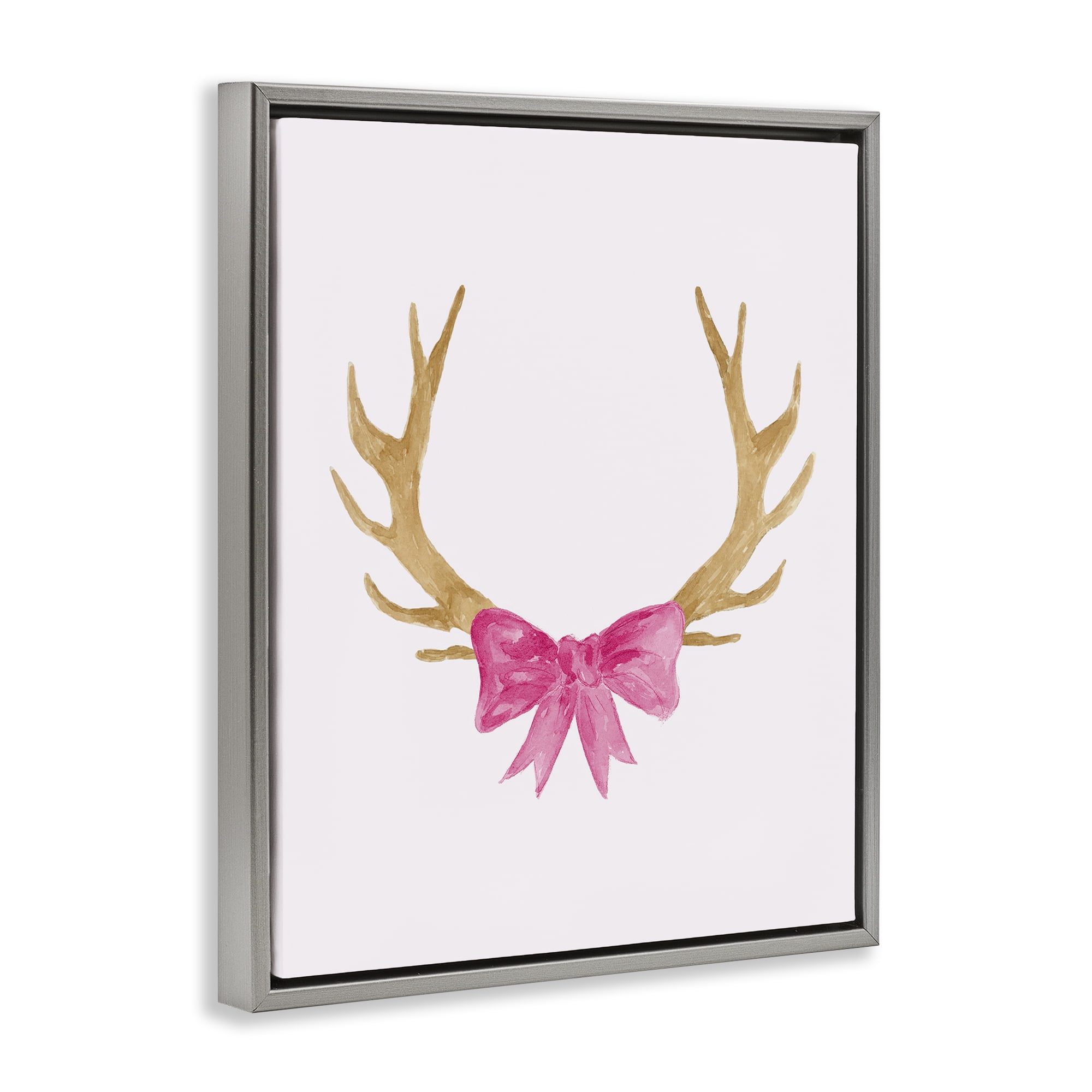 Stupell Industries Bow On Deer Antlers Animals Painting Gray Floater Framed Canvas Art Print Wall Art, 17 x 21