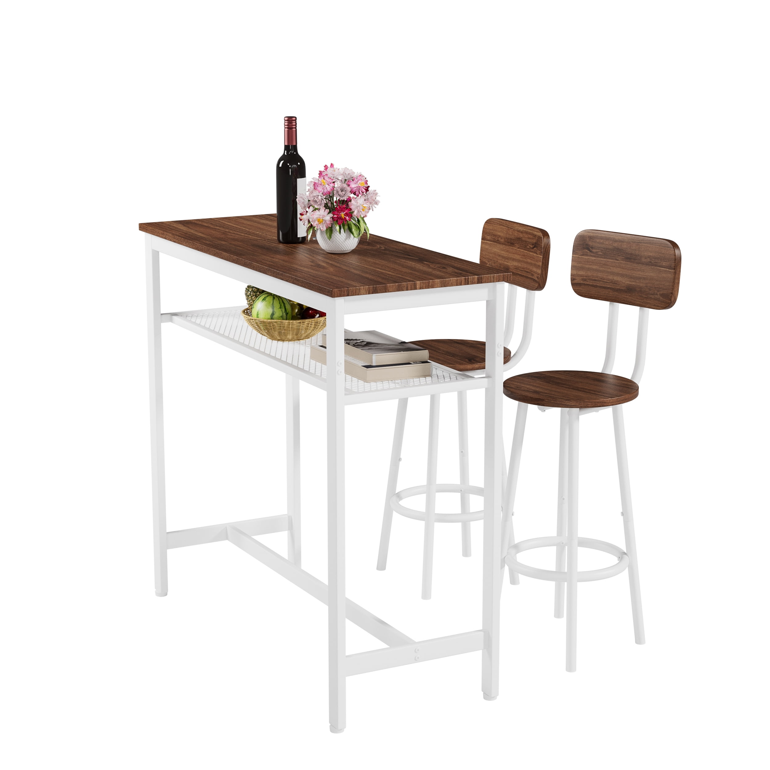 3-Piece Bar Table Set,Bistro Kitchen Table Sets with Metal Frame & Storage Rack,Modern Counter Height Table with 2 Stools for Kitchen, Dining Room, Living Room,