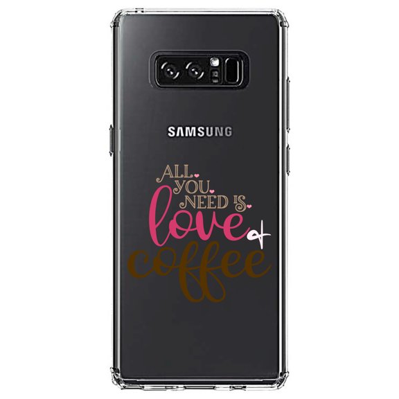 DistinctInk Clear Shockproof Hybrid Case for Samsung Galaxy Note 8 - TPU Bumper Acrylic Back Tempered Glass Screen Protector - All You Need Is Love & Coffee