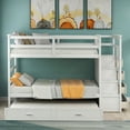 thumbnail image 7 of Kacho Twin Over Twin Bunk Beds with Trundle, Wooden Bed Frame, Wood Twin Bunk Beds with Storage Drawers and Staircase, Bunk Beds with High Length Guardrail for Teens Adults, White, 7 of 7