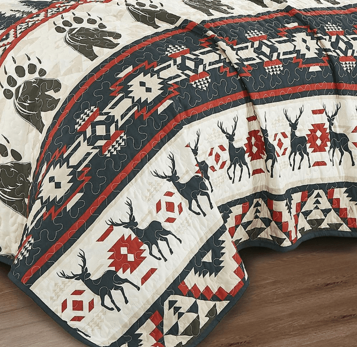 Evjk 3-Piece Quilt Set – Rustic Lodge Cabin Style Bedspread with Elk & Bear Print,Queen