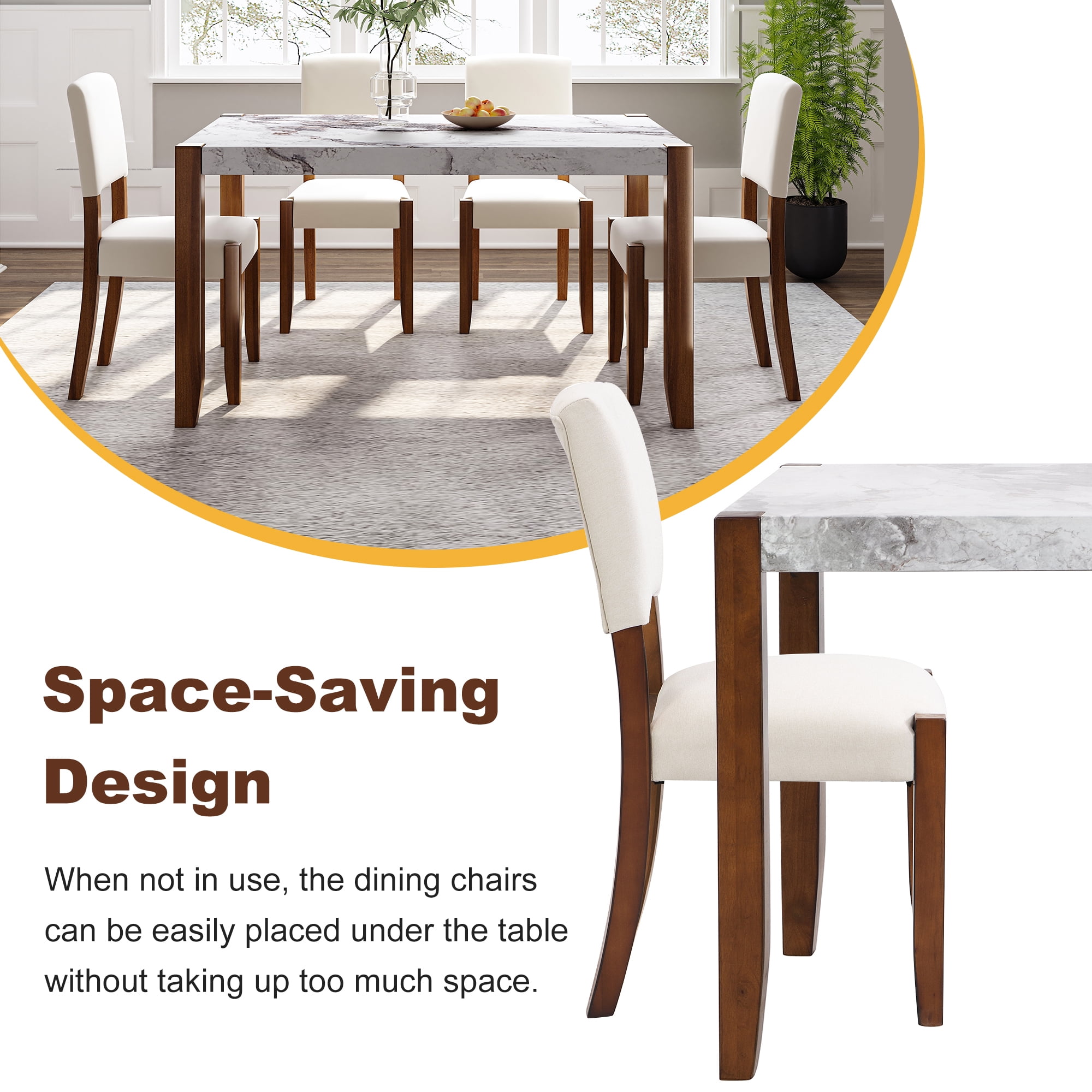 Euroco 5-Piece Dining Table Set for 4, 46" Faux Marble Kitchen Table with 4 Upholstered Chairs and Solid Wood Frame,Modern Kitchen Table Set for Home Living Dining Room, Beige