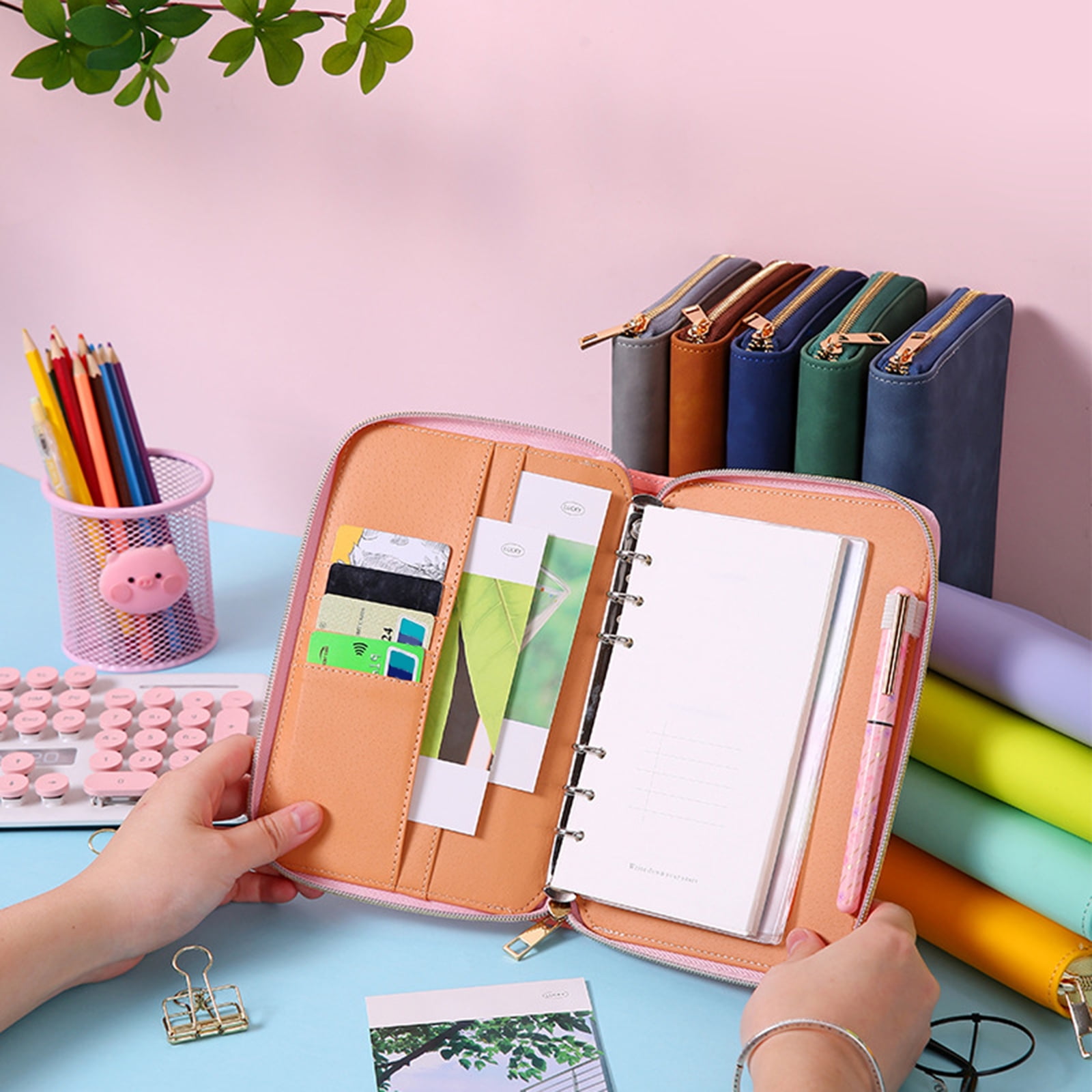 Refillable PU Leather 6-Ring Binder Cover with Zippered Closure, Card Pocket & Elastic Pen Slot