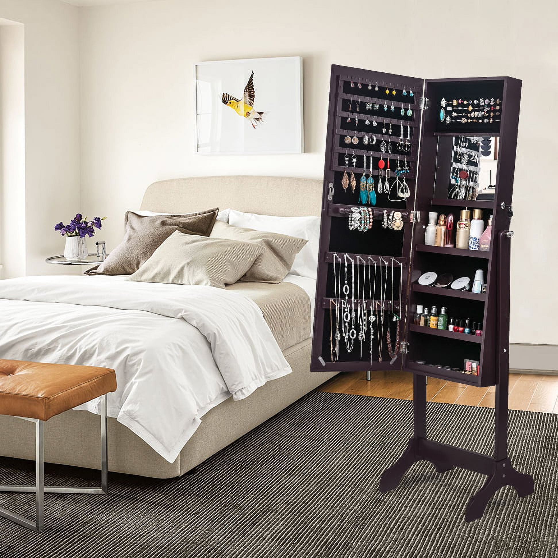 Lowestbest 4-Layer Jewelry Armoire, Wooden Floor Standing Jewelry Cabinet, Jewelry Organizer with Mirror for Earrings Bracelets Rings Necklace, Dark Brown Lowestbest 4-Layer Jewelry Armoire, Wooden Floor Standing Jewelry Cabinet, Jewelry Organizer with Mirror for Earrings Bracelets Rings Necklace, Dark Brown