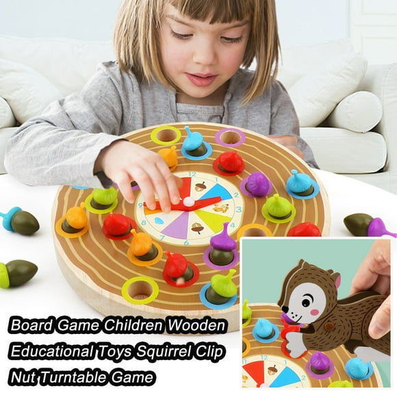 Board Game Children Wooden Educational Toys Squirrel Clip Nut Turntable Game
