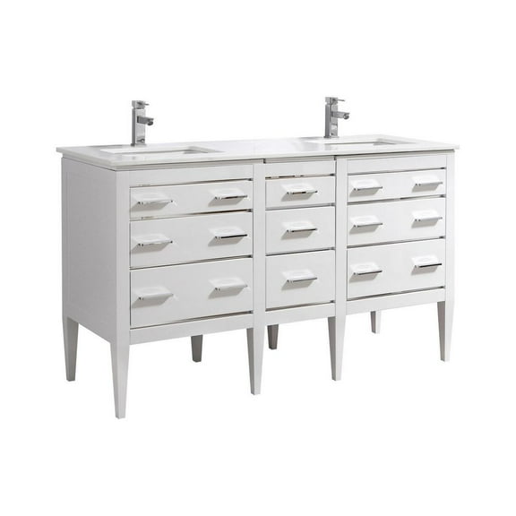 Kubebath Eiffel 60'' Double Sink High Gloss White Vanity W/ Quartz Counter Top