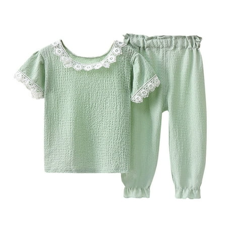 

Rovga Outfits For Toddler Girls Summer Thin Children S Short Sleeved Lace Collar T Shirt + Solid Color Pants Daily Casual Two Piece Set