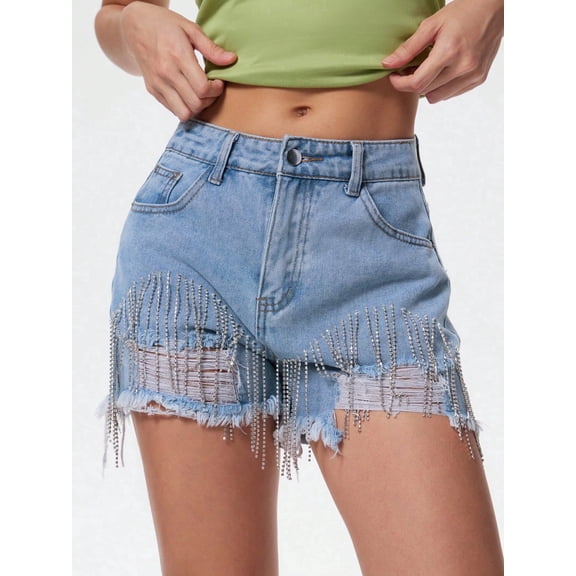 EMMIOL Women's Mid-Low Rise Distressed Denim Shorts - Rhinestones Fringe Summer Jorts