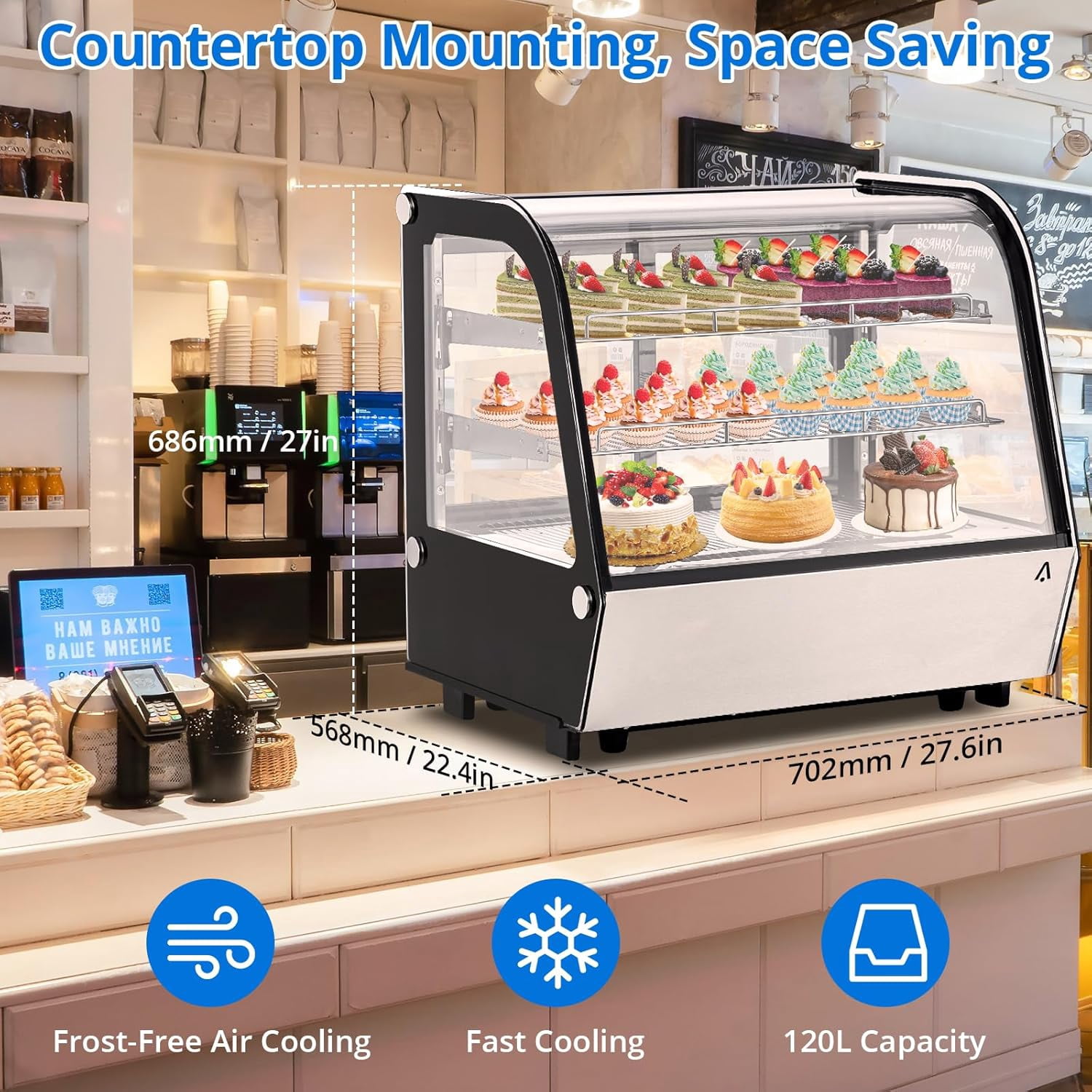 IdealHouse Commercial Display Refrigerator, 4.2 Cubic Feet (120 Liters) Tabletop Cake Refrigerator, Equipped with Led Lighting, Air Cooling, And Automatic Defrosting Functions, for Bakeries, Cafes