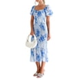thumbnail image 6 of Coduop Women Floral Midi Dress Short Puff Sleeve Square Neck Bodycon Ruffle Mermaid Smocked Dress, 6 of 9