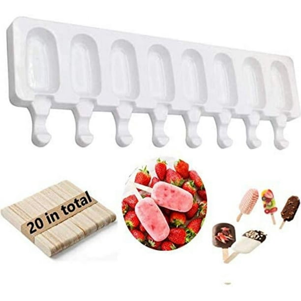 Moldes para helados, paletas, moldes de silicona para helados, moldes para paletas de silicona, 8 moldes ovalados uniformes para helado, cocina casera, helado hecho a mano y 20 palitos de madera