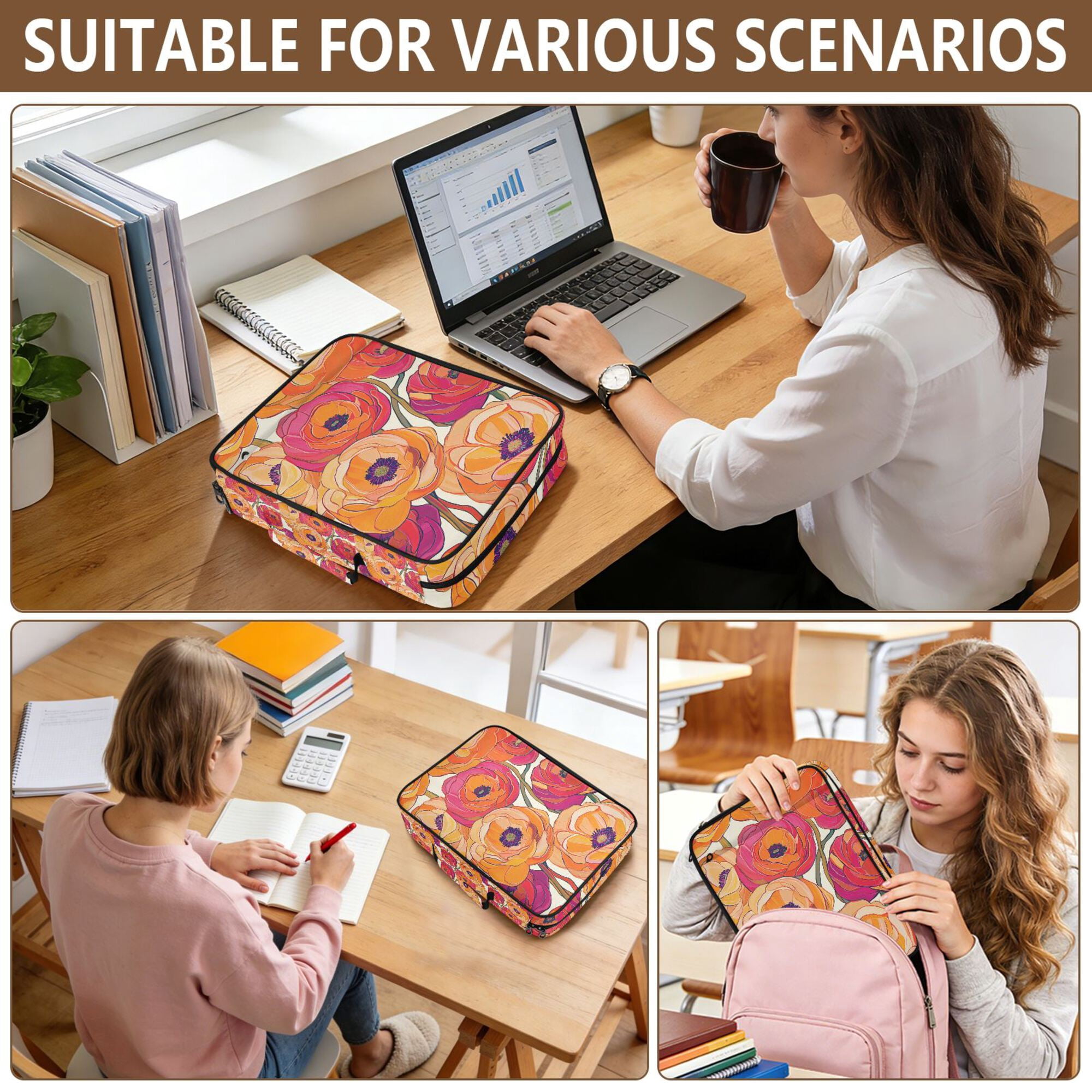 FORMRS Accordion File Folder A4 Size 7-Pocket Expanding Document Organizer Bag with 3 Ring Binder, Orange Hand Drawn Floral