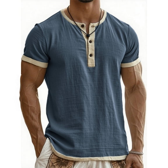 UVEASISHA Linen Shirts for Men Short Sleeve Henley Shirt Summer Casual Loose Fit Beach Shirts Lightweight Button Up Collarless T-Shirts Navy XL
