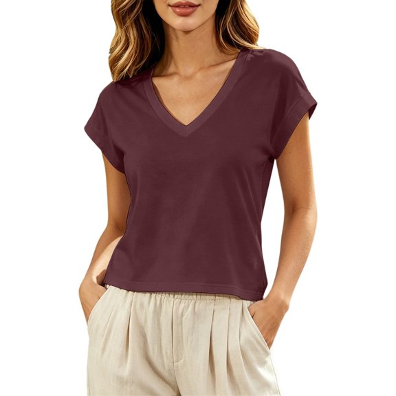 XIAONU Deep V-Neck Rolled- T-Shirt for Women Casual Everyday Relaxed-Fit Basic Tee