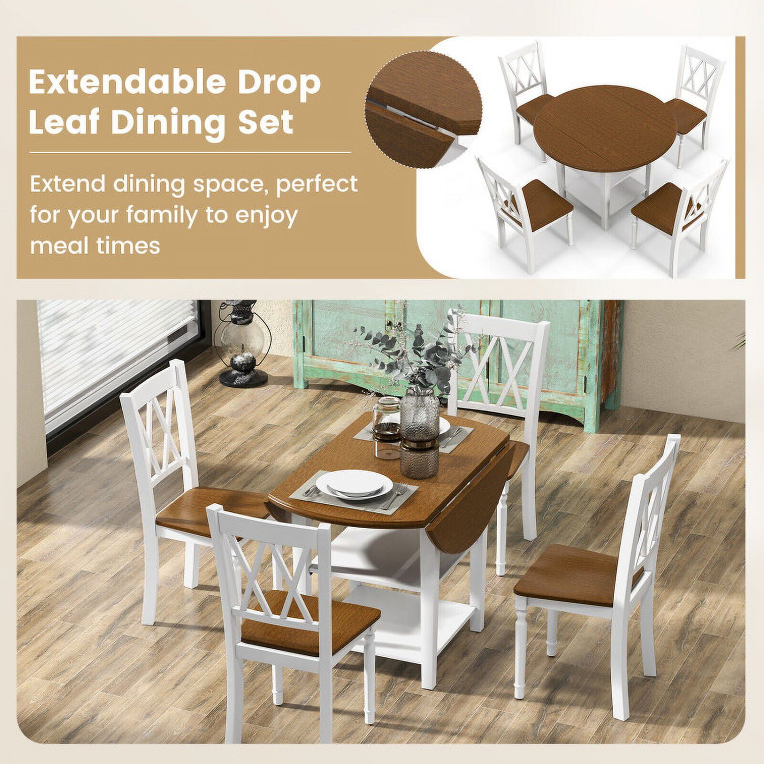 Finihen Dining Set, Dining Table Set, 5 Piece Round Kitchen Dining Set with Drop Leaf Table Top, for Home, Restaurant, Walnut & White Finihen Dining Set, Dining Table Set, 5 Piece Round Kitchen Dining Set with Drop Leaf Table Top, for Home, Restaurant, Walnut & White