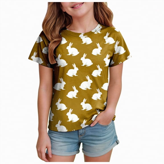 Hessimy Girls Lace Short Sleeve T Shirts Kids Summer Crewneck Tunic Tops Curved Hem(Gold,1-2 Years)