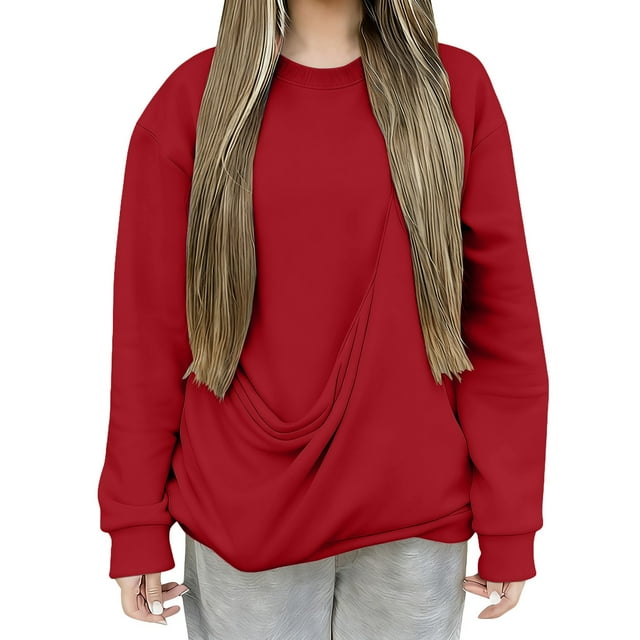 Duoif Chandails d'Automne pour Femmes, Haut de Mode pour Femmes - Chandail Décontracté à Col Rond avec Poche Chandail pour Femmes Rouge m
