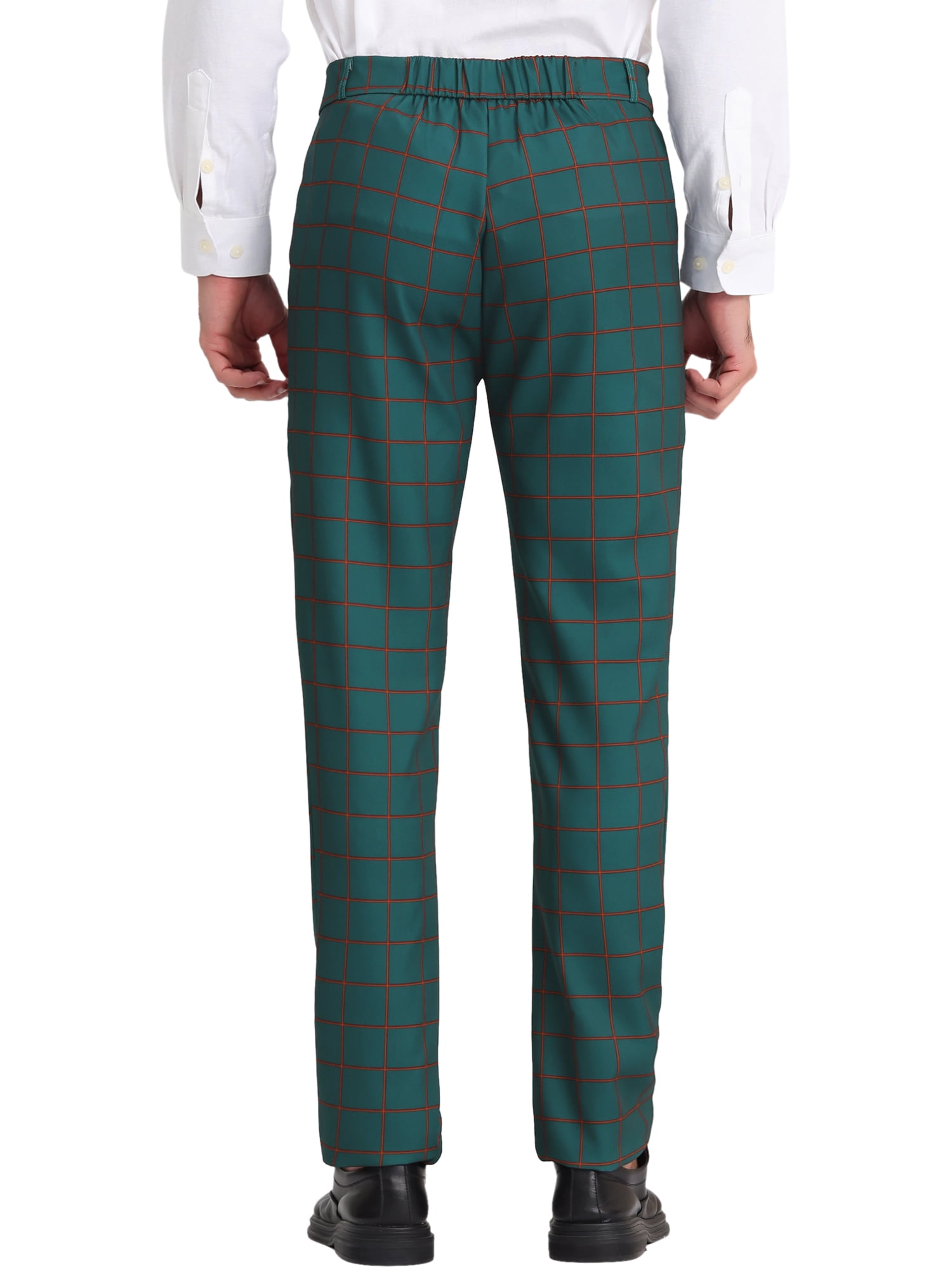 Unique Bargains Men's Plaid Printed Straight Leg Business Casual Checked Pants 34 Dark Green