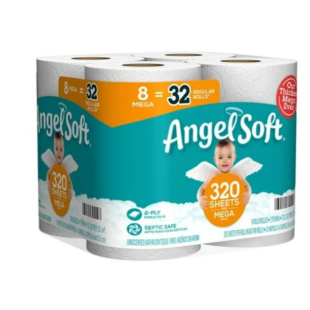 Angel Soft Bathroom Tissue, Unscented, 8 Mega Rolls, 2 Ply