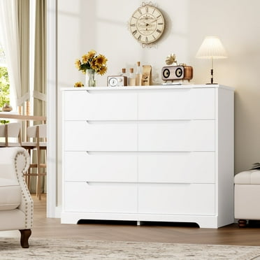 Homfa 8 Drawer Double Dresser with Cut-Out Handles, Wooden Modern Chest of Drawers Dresser for Bedroom Living Room, White