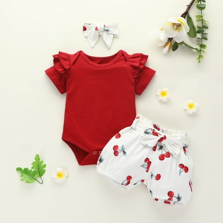 

Summer Newborn Baby Girls Short Sleeve Romper Top+Floral Shorts+Bow Headband Outfits