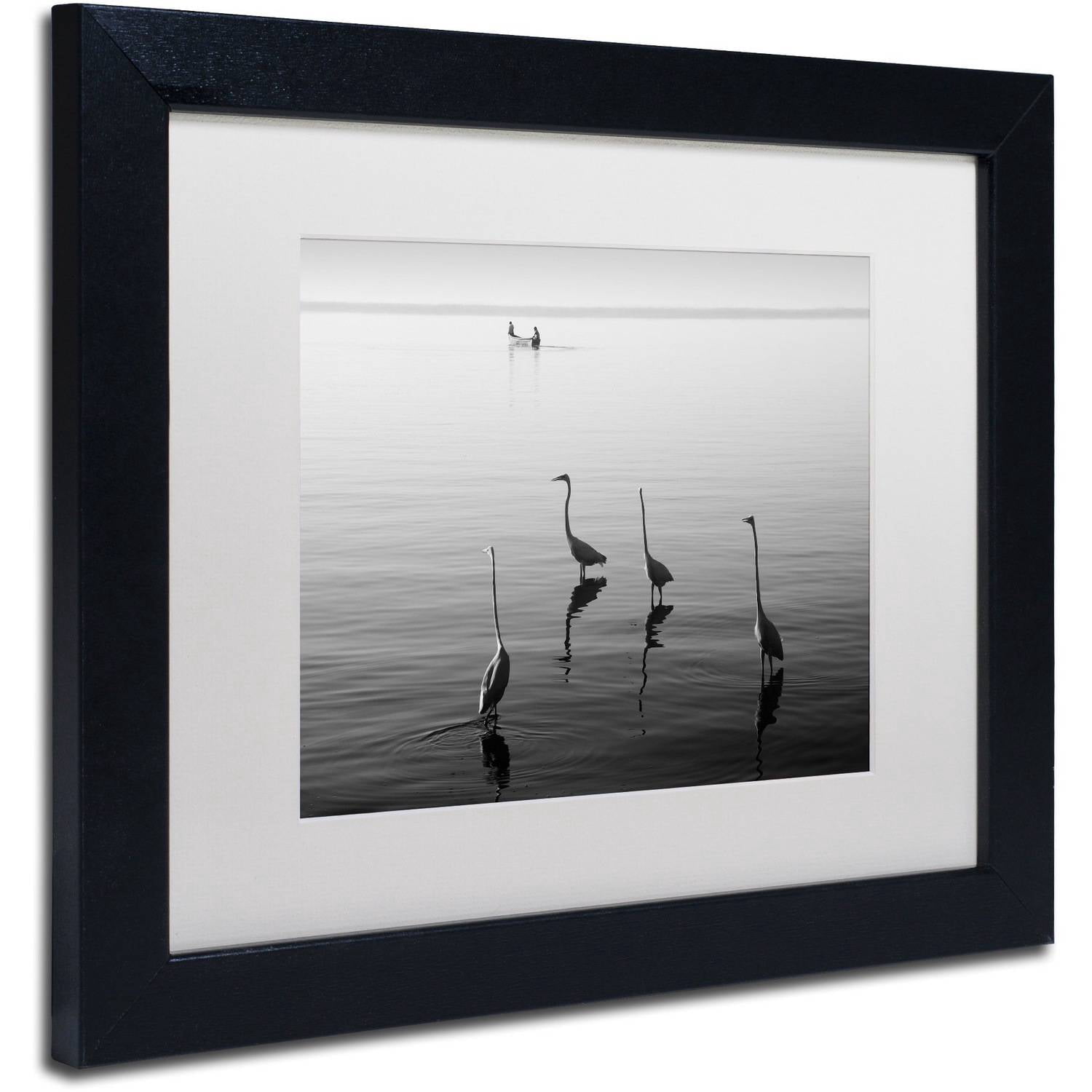 Trademark Fine Art "4 Herons and Boat" Canvas Art by Moises Levy White Matte, Black Frame