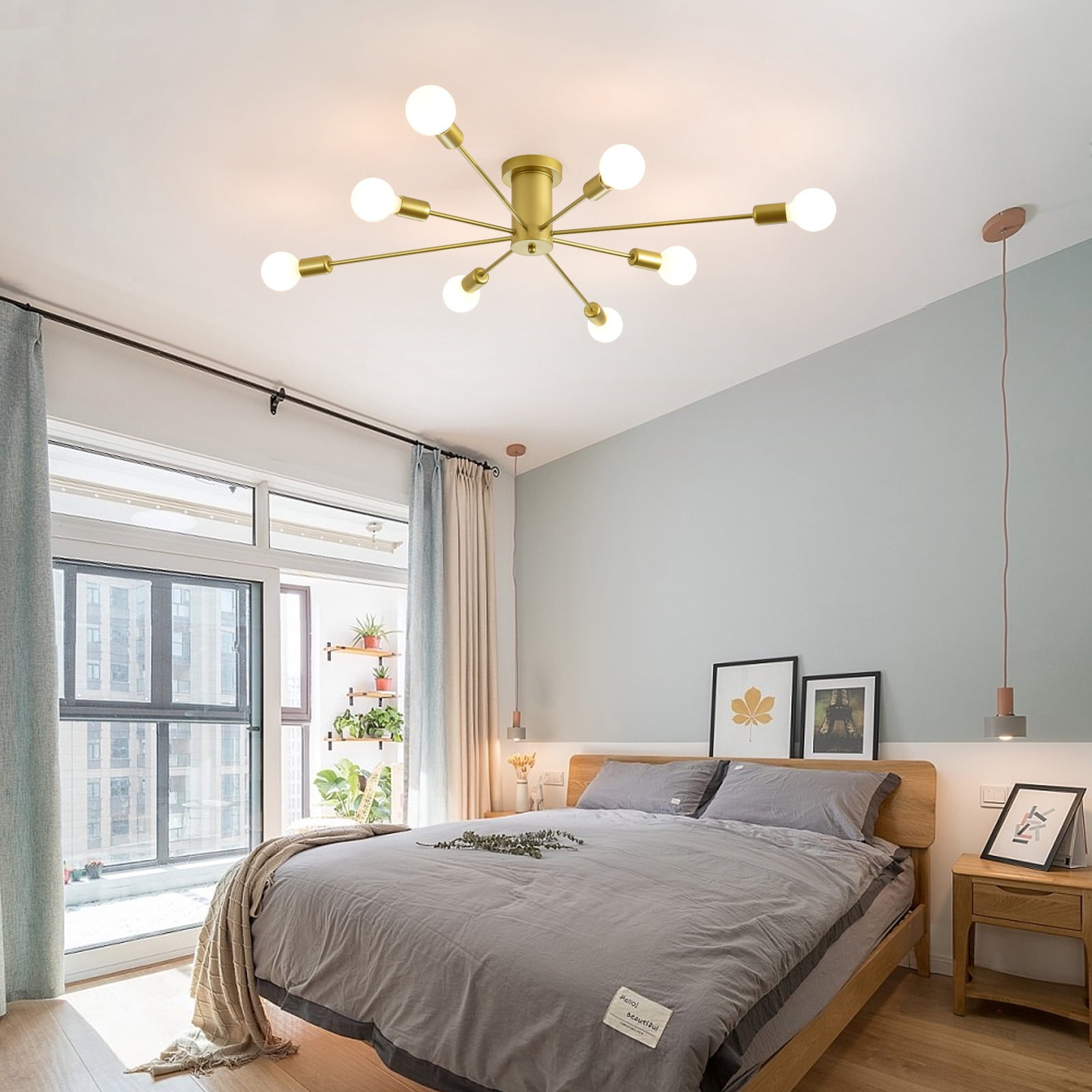 Garwarm 8-Light Sputnik Ceiling Light Modern Semi Flush Mount Ceiling Light Mid Century Gold Chandelier Pendant Lighting for Kitchen Dining Room Bedroom
