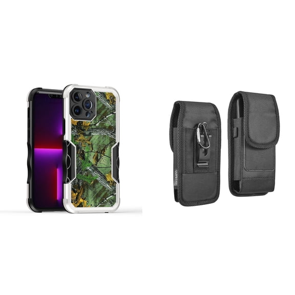 Case and Pouch Bundle for iPhone 14 Pro Max: Heavy Duty Armor Rugged Case (Hunting Camo) and Vertical Rugged Nylon Belt Holster
