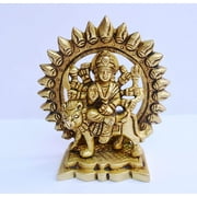 Brass Handicrafts Religious Goddess Maa Durga MATA Idol Sculpture for Home Puja Mandir ~ Indian Temple Décor Art Hindu Puja Durga Statue Sitting on Lion for Blessing Statue Antique (Durga 4.25"inch)