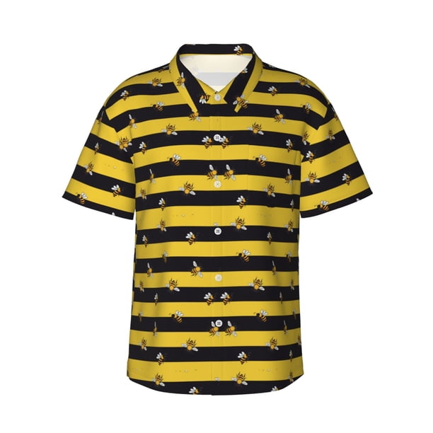 Fotbe Striped With Bees Camisa Hawaiana para Hombre Unisex – Camisa Casual de Verano con Botones de Manga Corta de Algodón y Lino,Small
