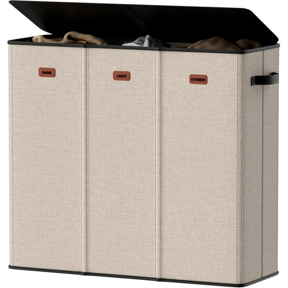 185L Laundry Hamper 3 Section, Laundry Hamper with Lid, Dirty Clothes Hamper with 3 Removable Washing Bags, Extra Large Laundry Basket Organizer for Bedroom, Laundry Room, Dorm - Beige