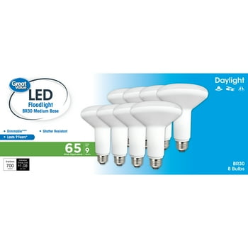 Great Value LED Light Bulb, 9 Watts (65W Eqv.) BR30 Floodlight Lamp E26 Base, Dimmable, Daylight, 8-Pack, White