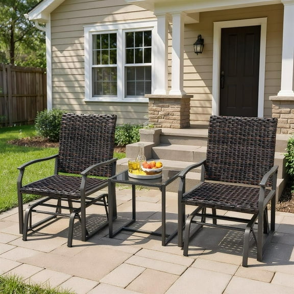 Topcobe 3 Piece Patio Gliding Set with Tempered Glass Coffee Table All Weather, Modern Patio Furniture Set-Brown
