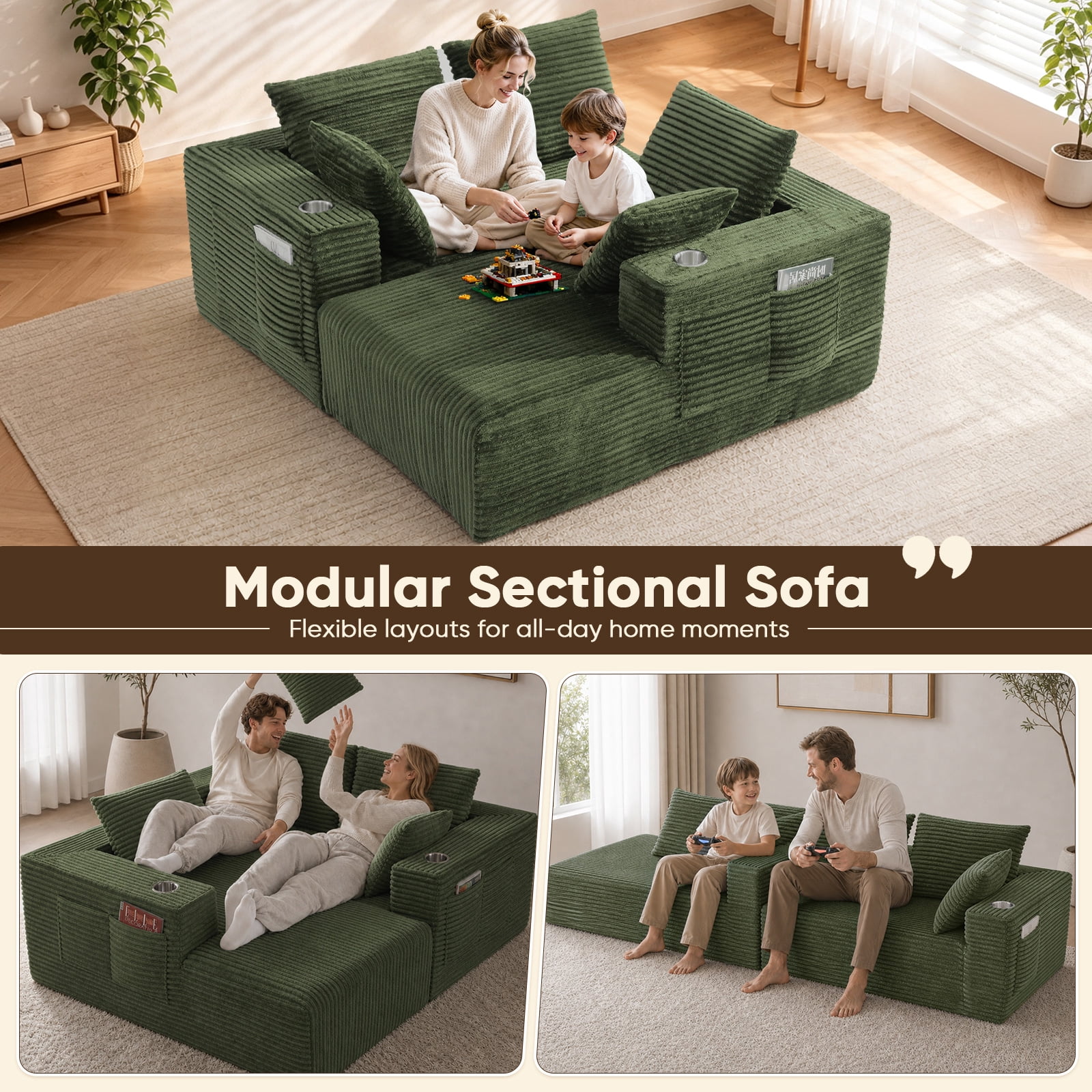 Lunale 95" Modular Sectional Sofa, L-Shaped Boneless Cloud Couch with Cup Holders, Modern Deep Seat Sofa for Living Room, Green (Left Facing Chaise)